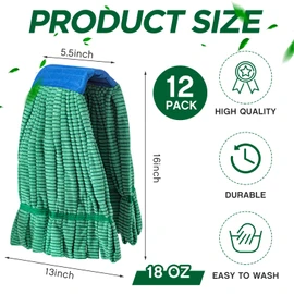 Hushee 12 Pack Large Microfiber Tube Mop Heads 18 oz Heavy Duty Commercial Industrial Wet Mop Head Refill Reusable Machine Washable Looped End Mopheads for Hardwood, Tile, Laminate Floors, Green