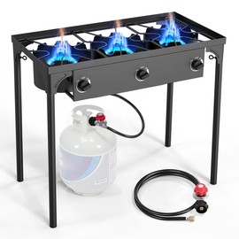 GEEKHOM 3 Burner Outdoor Portable Propane Stove Gas Cooker, Heavy Duty Iron Cast Patio Burner with Detachable Stand Legs for Camp Cooking (3-Burner 225,000-BTU) - Size: Double Burner