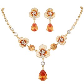 EVER FAITH Costume Jewelry Zircon Crystal Enamel 3 Flowers Tear Drop Necklace Earrings Set for Women Topaz Color Gold-Tone