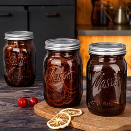 WELLIFE Amber Mason Jars, 6 Pack wide mouth mason jars for Pickling, Canning, Fermenting and Food Storage, Microwave & Dishwasher Safe
