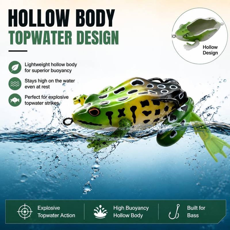 Frog Lures for Bass Fishing, 5 Pack XL & L
