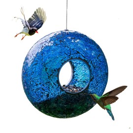 Topadorn Bird Feeder Fly Through Mosaic Round Stained-Glass Birdfeeder, Outdoor Hanging Blue Wild Bird Feeder Squirrels-Proof for Garden Decoration Gift, 9"