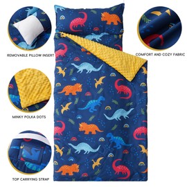Bunnikins & Clover Toddler Nap Mat with Removable Pillow, Nap Mats for Preschool, Easy Clean Toddler Nap Pad for Kindergarten, Kids Sleeping Bag for Travel Camping (Dinosaur Navy)