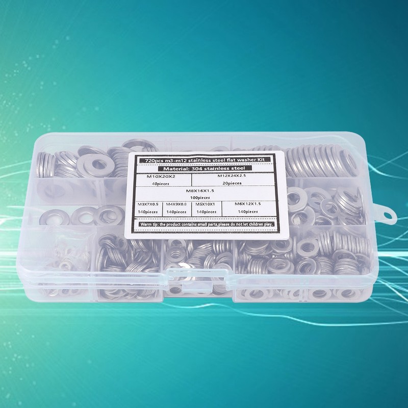 720Pcs Flat Washer Kit 304 Stainless Steel Silver Spring Gasket