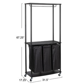 Household Essentials 3-Bag Laundry Center, Smooth Laminate Shelving, Sturdy Steel Frame