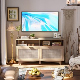SRIWATANA TV Stand for Televisions up to 55 Inch, Wooden Rattan TV Cabinet with Storage and Shelf, Boho Entertainment Center with Adjustable Shelf for Living Room, Bedroom, Oak