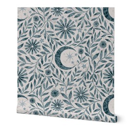 Peel & Stick Wallpaper 3ft x 2ft - Gothic Floral Hand Drawn Folk Art Moon Spiderweb Teal Sage Green Custom Removable Wallpaper by Spoonflower