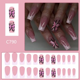 Pink Butterfly Press on Nails with White French Tip False Nails Long Square Acrylic Glue on Nails Glossy Artificial Fake Nails for Women Girls