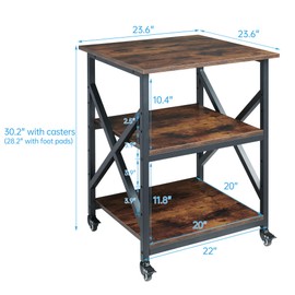 Fannova 23.6 x 23.6 Inches Large Printer Stand, 3 Tier Square Printer Table with Height Adjustable Storage Shelf, Rolling Printer Cart with Industrial Wheels for Home Office - Rustic Brown