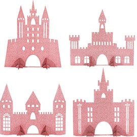 4 Pieces Castle Table Centerpiece Glitter Princess Theme Castle Centerpiece for Birthday Baby Shower Princess Party Table Decorations (Pink)