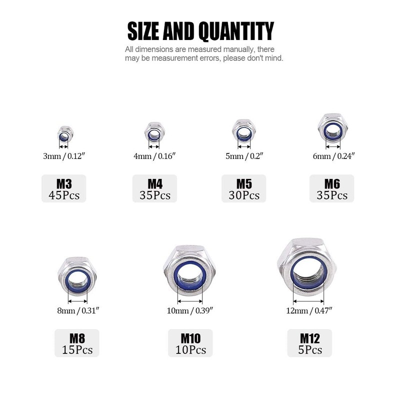 TA-VIGOR 175Pcs Nylon Hex Lock Nuts Assortment Kit, M3 M4