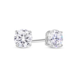 KEZEF Rhodium Plated Sterling Silver Stud Earrings for Women and Men, Round Brilliant Cut CZ Cubic Zirconia in .925 Silver Basket Setting