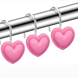 12 Pieces Heart Shaped Shower Curtain Hooks, Decorative Valentines Day Curtain Hooks,Stainless Steel Rust Resistant Curtain Rings, Pink