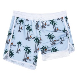 SURF CUZ Mens Swim Trunks with Compression Liner 5" Swimming Trunks 5 Inch Retro Swim Shorts with Zipper Pockets,Beach Sunrise,L