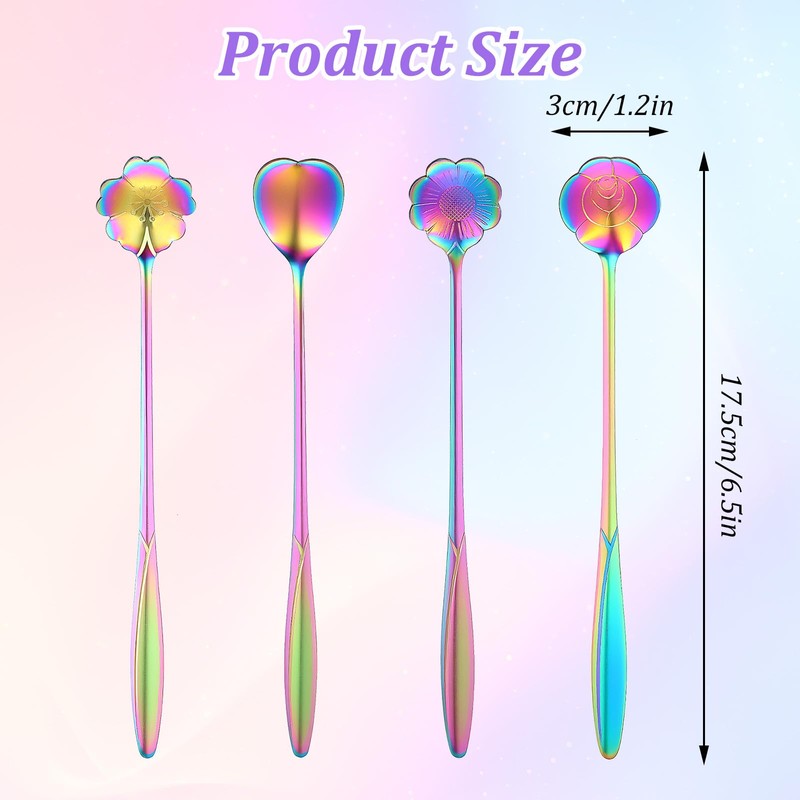 Flower Spoon Set Rainbow Stainless Steel Reusable Long Spoons Cute