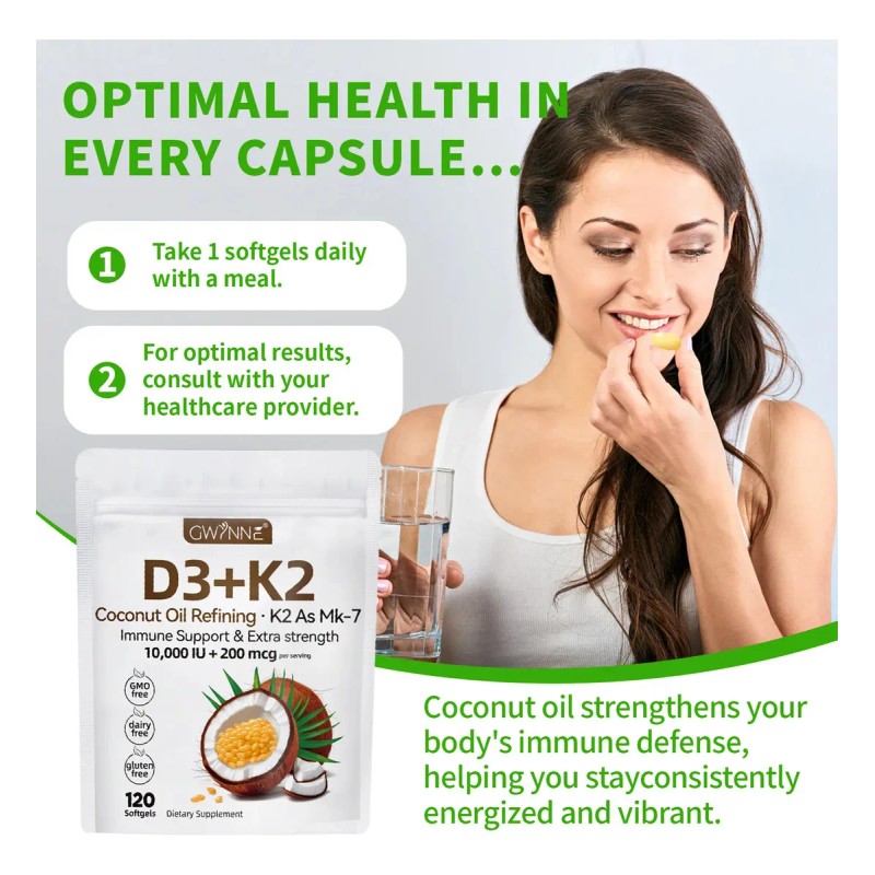 Gwynne Vitamina 000ui 200mcg 120cápsulas Aceite Coco Vírgenapoyo Óseo Inmunológico