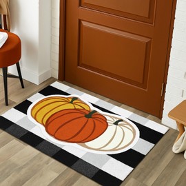 Breling 2 Pcs Fall Door Mat Pumpkin Welcome Door Mat Autumn Non Slip Front Doormat Plaid Checkered for Fall Thanksgiving Porch Entrance Decor(Black and White,Pumpkin Shaped)