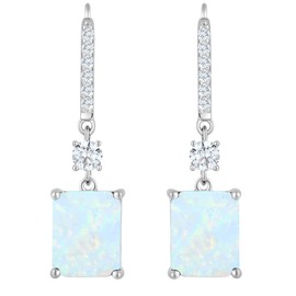 YL 10x8mm Dangle Earrings for Women White Opal Sterling Silver Leverback Earrings Cushion Cut Created Birthstone Jewelry Gifts