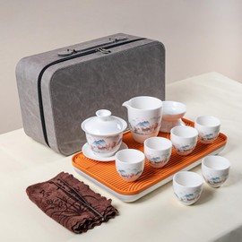 Tandarui Chinese Tea Set Gaiwan Tea Set Chinese White Jade Travel Tea Set Japanese Tea Set 6 cups Portable Tea Set Home,Traveling(Travel-DY)