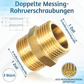 PipeSan Double Nipple 1 Inch Brass Male Thread - Pack of 3 Connectors with Double Male Thread and Hexagon, Corrosion Resistant, Thread Fitting for Plumbing, Gas, Oil and Drinking Water