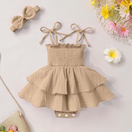 YOUNGER TREE Baby Girl Clothes Infant Summer Romper Dress Sleeveless Bodysuit Jumpsuit with Headband Toddler Outfits (Khaki, 3-6 Months)