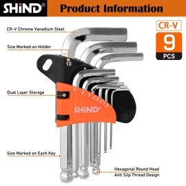 SHiND 9-Pcs Allen Wrench, Hex Key, L-Key Set, Ball End, Short Type, 1.5mm-10mm (1/16in-3/8in), Heat Treated, CR-V Hardened Chrome Vanadium Steel, Durable, Pro Grade Tool for Professionals and DIYers.