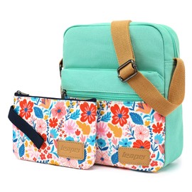 Leaper Girls Crossbody Purses 2 PCS Floral Messenger Bag Canvas Crossbody Bag and Purse Set for Women (SD07-Water Blue)