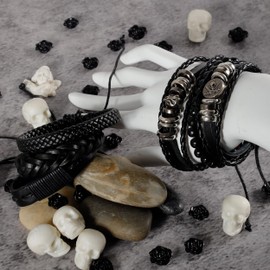 Manfnee 6pcs Braided Leather Bracelet for Men Women Wooden Beads Cuff Wrap Bracelet Adjustable, Faux Leather Zinc, No gemstone