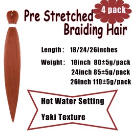 Coriario Ginger Braiding Hair Pre Stretched 18 inches 4 Pack 350 Prestretched Copper Short Knotless Yaki Kinky Synthetic Braiding Hair for Braids