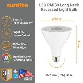 Sunlite 80942 LED PAR30 Long Neck Recessed Light Bulb, 9 Watt, (75W EQ), 850 Lm, Medium E26 Base, Dimmable, ETL Listed, 35 Degrees Beam Angle, Energy Star Certified, 3000K Warm White, 1 Pack