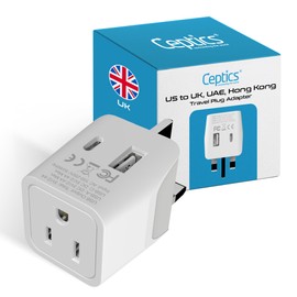 Ceptics UK adapters for travel to London, UAE, Hong Kong - USB-A, USB-C & USA Input - Compact Grounded Type G Plug - Use with Phones, Laptops,Cameras