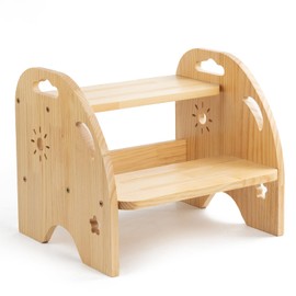 Wooden Toddler Step Stool for Kids - Non Slip 2 Step Stool with Handles for Bathroom Sink, Potty Training, Kitchen