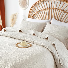 akkialla Full Queen Quilt Bedding Set for All Seasons,Lightweight Light Beige Bedspreads Queen Size,Modern Style Microfiber Soft Floral Pattern Coverlet Set(1 Quilt,2 Pillow Shams)