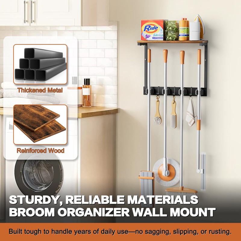 Broom Holder Wall Mount with Cleaning Supplies Organizer, Laundry Room