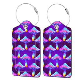 EOBKLAX 2 Pack Luggage Tag for Suitcase,Magic Mushrooms PU Leather Suitcase Tags Identifiers with Privacy Name Address Labels and Durable Steel Loop for Women Men Travel