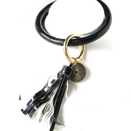 Elegance with Flair Black Glitter Leatherette Round Enamel Tassel Key Ring