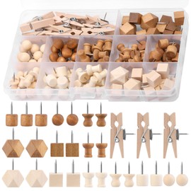 114 Pcs Wooden Thumb Tacks Decorative Wood Head Pins 7 Types Wood Clips Thumb Tacks Wooden Clips Push Pins for Office Learning Fixing Bulletin Boards and Crafts with Storage Box
