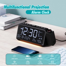 Alarm Clock Radio with Projector, FM Radio with Dual Alarm and Type C Charging Port, LED Alarm Clock with Temperature and Date Display, Digital Alarm Clock with Night Light and Snooze for Bedside