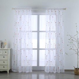 Taisier Home White Light & Airy Embroidery Sheer Curtain 72 inches Long Red Flower Buds Embroidered Curtain Girls Room Voile Rod Pocket Window Treatment 2 Panels Rose Red Flower Buds on White