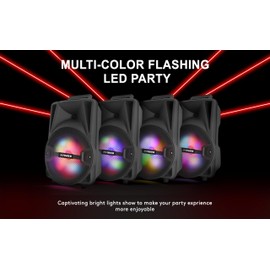 Fisher Portable Bluetooth Wireless Speaker System: 8" Subwoofer 20W Peak Power w Loud HD Bass Sound & LED Lights, Rechargeable, Karaoke, TWS Pairing, USB Port, FM Radio, Speaker Stand