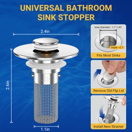 Bathroom Sink Drain Strainer, Pop-Up Bathroom Sink Stopper with Removable Stainless Steel Hair Catcher Basket, Universal Fit for US Bathroom Sinks, Bathtubs, Showers & Floor Drains (1PCS)
