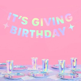 Pre-Strung It's Giving Birthday Banner -8.2 Feet Sparkle Iridescent Banner Fun Birthday Party Decorations Birthday Banner Sign 21st Bday Supplies Holographic Glitter Garland Decor No DIY