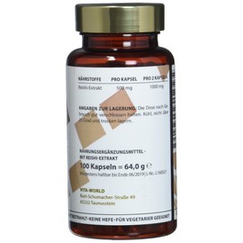 Vita World Reishi Extract 500 mg 100 Capsules Apothecary Manufacture Vegan Ganoderma Lucidum Ling Zhi