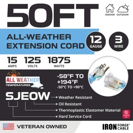 Iron Forge Cable 50 Ft All Weather Extension Cord - Stays Flexible in Extreme Cold & Hot Temperatures from -58°F to +194°F - 12/3 SJEOW Heavy Duty Lighted Outdoor Extension Cable