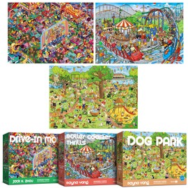ANTELOPE 3 in 1 1000 Piece Puzzle Bundle - Dog Park, Drive in Movie, Roller Coaster - 1000 Piece Jigsaw Puzzle, Cartoon Style, 15 Years and Up