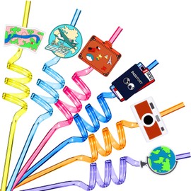 24 Pcs Travel Themed Party Favors Supplies Plastic Drinking Straws, Adventure Awaits Bon Voyage Birthday Party Supplies, Colorful Reusable Straws for Festivals Birthday Summer Beach Party Carnivals