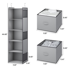 YOUDENOVA Hanging Closet Organizer, 5 Tier Hanging Closet Shelves with 6 Side Pockets and 2 Drawers, Light Grey