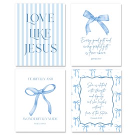 Shescrzionu 4 PCS Coquette Room Decor and Light Blue Bow Decor Room Decor For Teen Girls, Blue Bible Verses Wall Decor, Dorm bow decor for college girls Preppy Posters for 10x8 Inch Set of Bow Pictures for Bedroom - A23