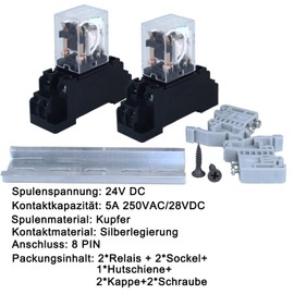 2 x Electromagnetic Relay 24 V DC 5 A Coil Power Relay 8 Pins 2NO 2NC HH52PL MY2 Changer with Indicator Light with Socket with Top Top Hat Rail Relay Top Hat Rail Base