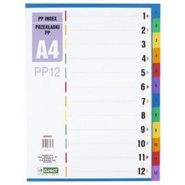 D.RECT Index for A4, PP12, 12 Dividers, Ring Binder, Tabs with Number Print 1-12, Multicoloured, Polypropylene Colour Dividers